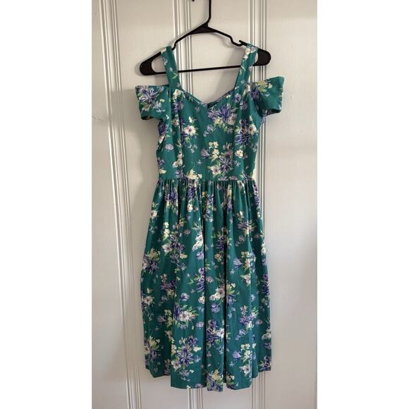 Laura Ashley Dresses & Skirts - Vtg Laura Ashley Tea Dress Green Floral Cottagecore Exposed Shoulder Size 6 (4)